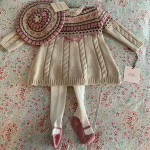 Sweater dress, beret, tights set